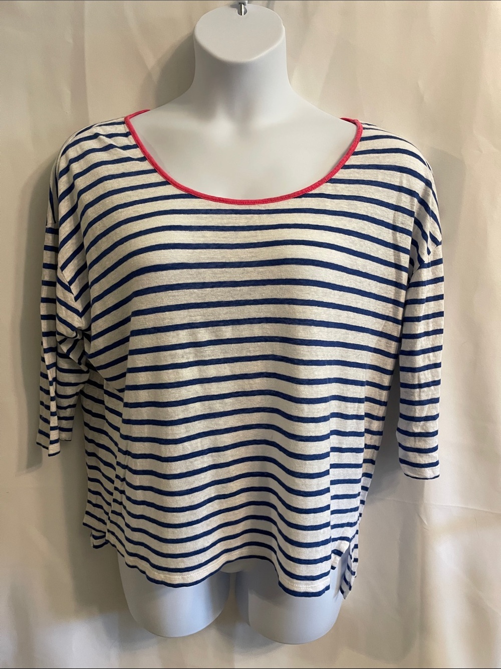 Talbots Royal Blue and White Striped Boatneck Top with Pink Trim 2X Linen